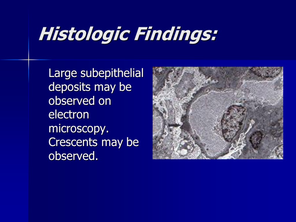 Histologic Findings: Large subepithelial deposits may be observed on electron microscopy. Crescents may be